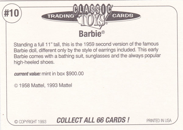 Back of Classic Toy Card number 10